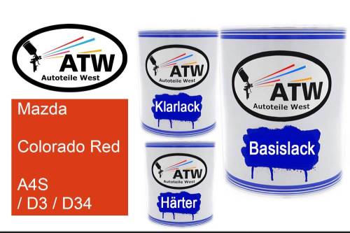 Mazda, Colorado Red, A4S / D3 / D34: 1L Lackdose + 1L Klarlack + 500ml Härter - Set, von ATW Autoteile West.